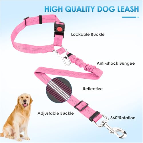 Lukovee Dog Seatbelt Leash for Cars, 2 Pack Pet Safety Seat Belt with Adjustable Buckle & Reflective Bungee, Connect Dog Harness in Vehicle Dogs Restraint Travel Daily Use (Pink) - color: A-Pink
