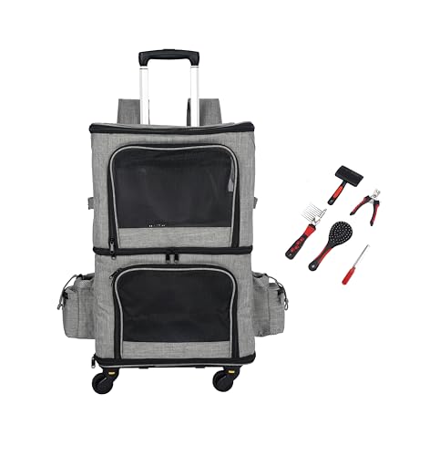Double Pet Carrier Backpack with Wheels for Small Dogs & Cats, Dual Compartment Rolling Carrier for Vet Visits & Road Trips (Not Designed for Under-Seat Airline Travel, Check Size Guide)