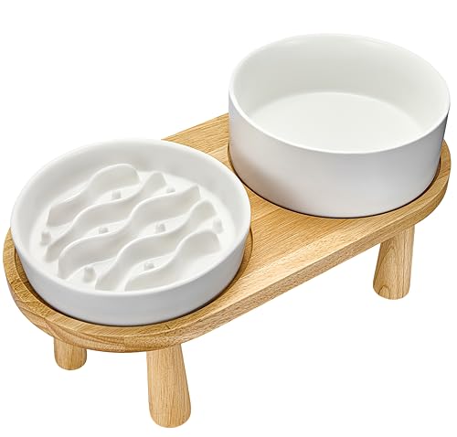 Ceramic Slow Feeder and Water Bowl Set for Medium and Large Dogs, 2.0 Cups Dog Slow Feeder(30oz) and 70oz Water Bowl Set, 8in, White - color: White, size: 8-Inch
