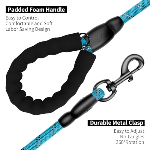 Heavy Duty Dog Leash for Large Medium Small Breed Dogs, Reflective Rope Dog leashes with Comfortable Handle,4/5/6 FT Pet Puppy Leash for Night Walking with Poop Bag Holder,Sky Blue,1/2 inch