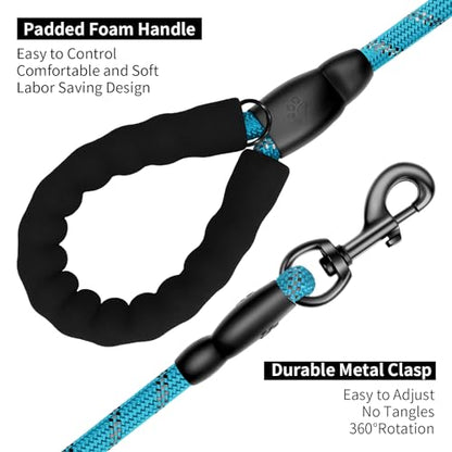 Heavy Duty Dog Leash for Large Medium Small Breed Dogs, Reflective Rope Dog leashes with Comfortable Handle,4/5/6 FT Pet Puppy Leash for Night Walking with Poop Bag Holder,Sky Blue,1/2 inch