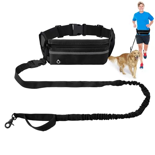 Hands Free Dog Leash - Waist Running Leashes with Zipper Pouch, Adjustable Reflective Waist Belt, Dualc Handle Retractable Bungee for Small Medium Large Dogs Walking Jogging (Black 4.1-7.2ft)