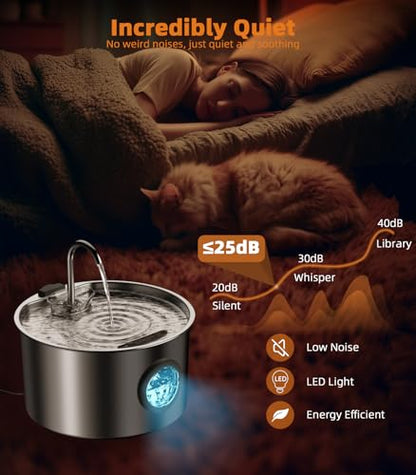 108oz/3.2L Stainless Steel Cat Water Fountain with Detachable Tank, Easy to Clean & Assemble, Pet Drinking Dispenser with Quiet Operation & LED Light, Gifts for Cats, Dogs and Small Pets