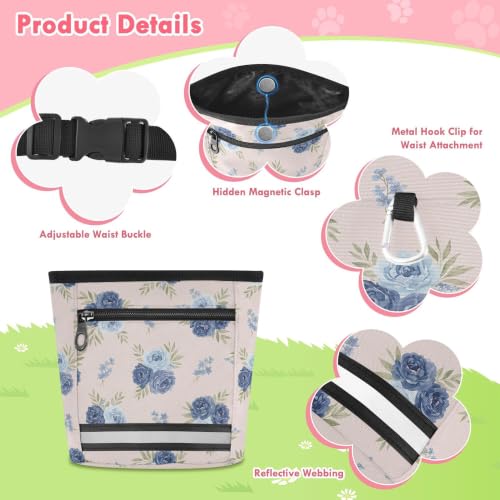 Flower Water-Resistant Dog Treat Pouch, 3 Ways to Wear Treat Bag with Magnetic Closure & Reflective Strip, Hands-Free for Pet Training, Walking