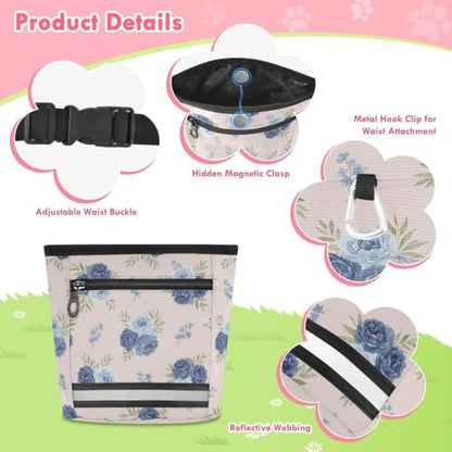 Flower Water-Resistant Dog Treat Pouch, 3 Ways to Wear Treat Bag with Magnetic Closure & Reflective Strip, Hands-Free for Pet Training, Walking