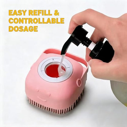 2-in-1 Dog Bath Brush with Built-in Shampoo Dispenser, Soft Silicone Bristles Grooming Scrubber, Non-Slip Handle Massage Brush for Long & Short Haired Dogs, Cats and Small Pets
