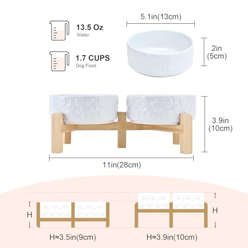 SPUNKYJUNKY Elevated Dog Bowls Ceramic, 5.1'' Dogs and Cat Food Water Bowls Raised with Non-Slip Bamboo Stand for Puppy Small Sized Breed Microwave Dishwasher Safe - 13.5 OZ,Skull White - color: White - Skull, size: 5.1 in - 1.7 cups