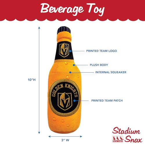 Pets First NHL Las Vegas Golden Knights Beer Bottle Plush Dog & Cat Toy- Cutest Stadium SODA Bottle Snack Plush Toy for Dogs & Cats with Inner Squeaker & Beautiful Hockey Team/Logo - color: Las Vegas Golden Knights, style: NHL Beer Bottle Toy