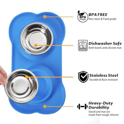 Hubulk Pet Dog Bowls 2 Stainless Steel Dog Bowl with No Spill Non-Skid Silicone Mat + Pet Food Scoop Water and Food Feeder Bowls for Feeding Small Medium Large Dogs Cats Puppies (Medium, Blue) - color: Blue, size: Medium