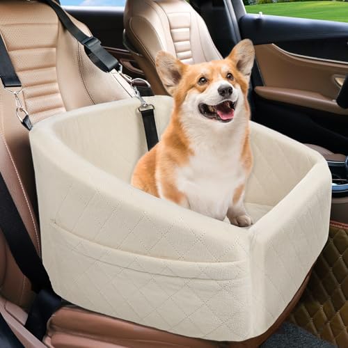 NEEZUKAR Dog Car Seat for Small Medium Dogs,Detachable Washable Dog Booster Seat Under 30lbs, Pet Car Seat Travel Bed with Storage Pockets and Dog Safety Belt (White) - color: White