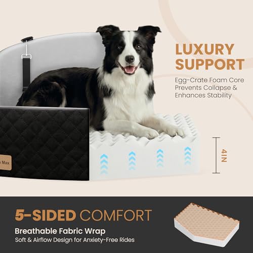 Dog Car Seat for Medium/Large Dogs, Memory Foam Dog Booster Seat with Thick Cushion up to 55 lbs or 2 Small Dogs, Travel Pet Car Seat with Detachable Washable Cover, 2 Safety Leashes (Black/Grey) - color: Black/Grey