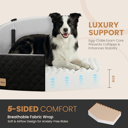 Dog Car Seat for Medium/Large Dogs, Memory Foam Dog Booster Seat with Thick Cushion up to 55 lbs or 2 Small Dogs, Travel Pet Car Seat with Detachable Washable Cover, 2 Safety Leashes (Black/Grey) - color: Black/Grey