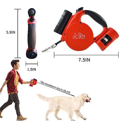 360° Tangle-Free Retractable Dog Leash with Flashlight, Dispenser and Poop Bag Heavy-Duty Nylon Tape for Small, Medium Dogs and Cats One-Handed Brake and Lock, Red - color: red