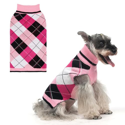 KOOLTAIL Valentine Dog Sweater Pet Knitted Clothes - Classic Pink Plaid Pull Over Turtleneck Dog Sweaters with Leash Hole Warm Dogs Winter Clothing for Small Medium Dogs Cats Puppy, SM - color: Pink2, size: Small/Medium