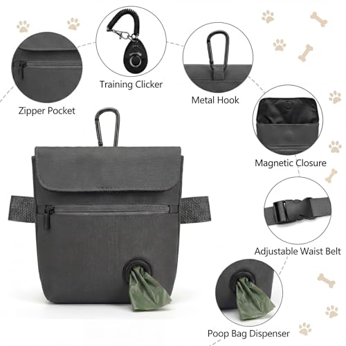Dog Treat Pouch and Dog Training Clicker, Treat Bag with Poop Bag Dispenser, Powerful Magenetic Clasp, Metal Clip Waist Belt Fanny Pack for Pet Walk Dog Training (Dark Grey) - color: Dark Grey