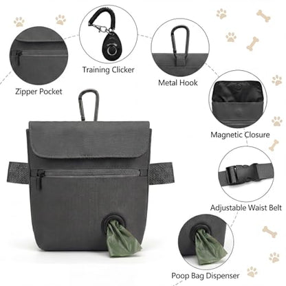 Dog Treat Pouch and Dog Training Clicker, Treat Bag with Poop Bag Dispenser, Powerful Magenetic Clasp, Metal Clip Waist Belt Fanny Pack for Pet Walk Dog Training (Dark Grey) - color: Dark Grey