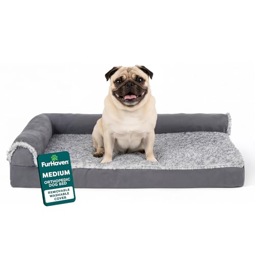 FurHaven Orthopedic Dog Bed for Medium Dogs, L-Shaped Chaise Mattress with Orthopedic Egg Crate & a Solid Orthopedic Foam Base for Joint Support, Washable Cover, Medium, Faux Fur & Suede, Stone Gray - color: Stone Gray, size: Medium