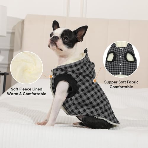 Vecomfy Fleece Lining Dog Hoodie for Small Dogs Extra Warm Plaid Sweater with Drawstring Hooded Coats in Winter Puppy Jacket,Black S - color: Black Plaid, size: Small (Pack of 1)