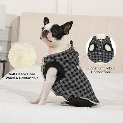 Vecomfy Fleece Lining Dog Hoodie for Small Dogs Extra Warm Plaid Sweater with Drawstring Hooded Coats in Winter Puppy Jacket,Black S - color: Black Plaid, size: Small (Pack of 1)