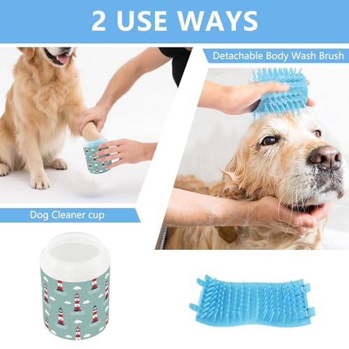 Lighthouse Cloud Teal Print Dog Paw Cleaner Cup with Soft Silicone Brush, Small Lightweight Portable Muddy Paw Washer for Dogs, Easy to Use Pet Foot Cleaner