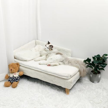 Elevated Cat Couch Sofa: Wooden Cat Bed Dog Chair with Bolster Cushion for Small Dogs Cute Pet Chaise Soft Cushion Fluffy Washable for Puppy - size: 27.8"x14.9"x9.3"