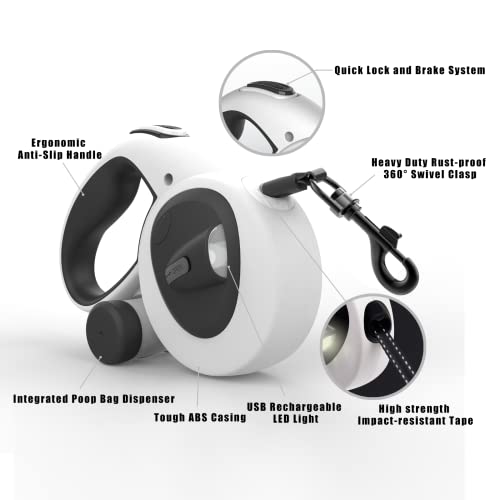 HCY&WLD Upgrade 4-in-1 Retractable Dog Leash with LED Light & Dispenser & Poop Bags, 16 ft Heavy Duty Dog Leash with Anti-Slip Handle for Dogs up to 110 lbs, 360° Tangle-Free, One Button Brake & Lock - size: Large