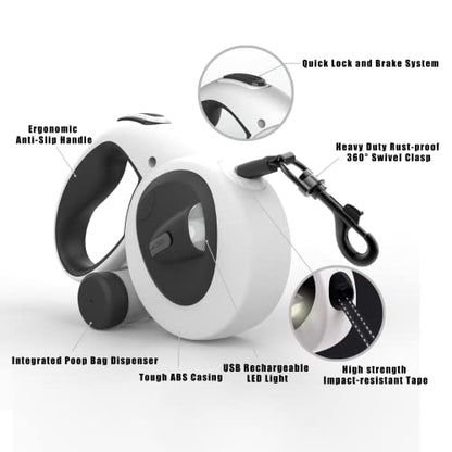 HCY&WLD Upgrade 4-in-1 Retractable Dog Leash with LED Light & Dispenser & Poop Bags, 16 ft Heavy Duty Dog Leash with Anti-Slip Handle for Dogs up to 110 lbs, 360° Tangle-Free, One Button Brake & Lock - size: Large
