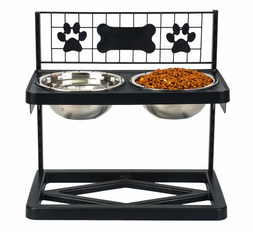 Elevated Dog Bowls Raised Pet Feeder Adjustable Dog Bowl Stand with Stainless Steel Bowls and ABS Frame, Double Dog Feeding Station with Paw Print Bone Decor for Medium Large Dogs