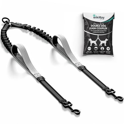 wikiRay Double Dog Leash Coupler for Walking 2 Dogs – No Tangle Dual Dog Splitter with Shock-Absorbing Bungee, Padded Traffic Handles & Reflective Stitching (Grey) - color: Grey