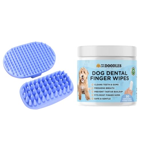 We Love Doodles 50pcs Dog Teeth Cleaning Wipes & Bath Brush Bundle - Dental Finger Wipes & Rubber Brush for Shower Scrubbing & Massage, 2 Pack