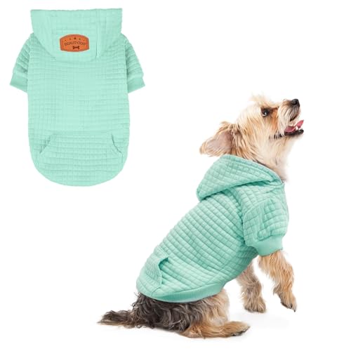 BEAUTYZOO Small Dog Hoodie Sweater with Pockets, Dog Clothes for Small Medium Dogs Boy Girl, Waffle-Like Laminated Cotton Pet Coats with Hat and Leash Hole, Mint Green XS - color: Mint Green, size: XS (Back: 10",Chest: 14", Neck: 8.7")