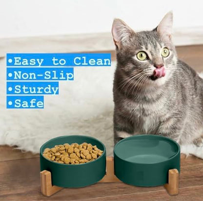 Ceramic Cat and Small Dog Bowl Set – Modern Indoor Small Size Pet Food and Water Bowls with Wood Stand – Non Slip Puppy Sized Feeding Station with Double Dishes (Green) - color: Green