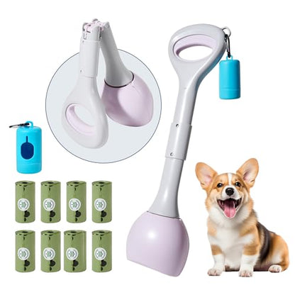 Dog Pooper Scooper Portable with Bag Attachment, One Handed Foldable Design, Includes 120 Waste Bags and Dispenser, 19 Inch Handle for Grass Yard Gravel Cleanup (Purple) - color: Purple + 120 garbage bags + dispenser