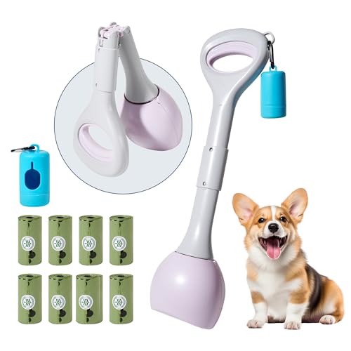Dog Pooper Scooper Portable with Bag Attachment, One Handed Foldable Design, Includes 120 Waste Bags and Dispenser, 19 Inch Handle for Grass Yard Gravel Cleanup (Purple) - color: Purple + 120 garbage bags + dispenser