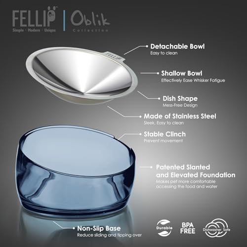 Felli Pet Oblik Whisker Fatigue Cat Food Bowl Raised Stainless Steel Shallow Dish, Pet Design Anti Vomit Tilted Metal Plate Feeder Elevated Acrylic Base (Shadow, 0.5 Cups Shallow Dish) - color: Shadow, size: 0.5 Cups Shallow Dish