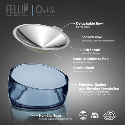 Felli Pet Oblik Whisker Fatigue Cat Food Bowl Raised Stainless Steel Shallow Dish, Pet Design Anti Vomit Tilted Metal Plate Feeder Elevated Acrylic Base (Shadow, 0.5 Cups Shallow Dish) - color: Shadow, size: 0.5 Cups Shallow Dish