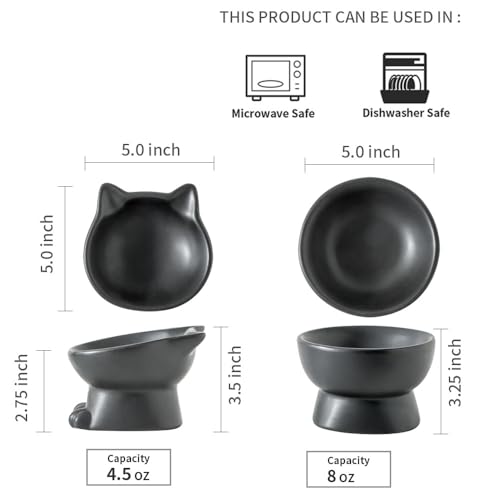 Nihow Elevated Cat Bowls,5 Inch Ceramic Raised Cat Food and Water Bowl Set | Slanted,Whisker Friendly,for Protecting Pet's Spine,Microwave & Dishwasher Safe ,Elegant Black 4.5 OZ, Set of 2 - color: Matte Black, size: 4.5 OZ+8 OZ
