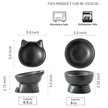 Nihow Elevated Cat Bowls,5 Inch Ceramic Raised Cat Food and Water Bowl Set | Slanted,Whisker Friendly,for Protecting Pet's Spine,Microwave & Dishwasher Safe ,Elegant Black 4.5 OZ, Set of 2 - color: Matte Black, size: 4.5 OZ+8 OZ