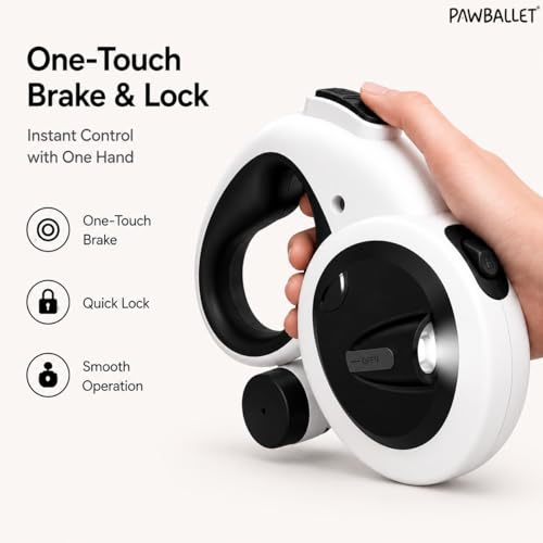 Paw Ballet Retractable Dog Leash with USB Rechargeable LED Light, Reflective Tape, One-Button Brake & Lock, Smooth Retraction System, Comfortable Non-Slip Handle for Small and Medium Dogs