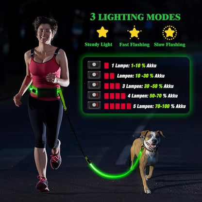 LED Hands Free Dog Leash, Waist Leash for Dog Walking, Retractable Bungee Light Up Dog Leash, LED Handless Dog Running Leash, Reflective Running Leash for Jogging Training Hiking (Green) - color: Green