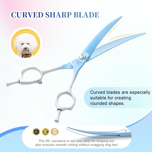7'' Curved Dog Grooming Scissors Blue to White Gradient | 440C Stainless Steel, Sharp Durable, Professional or Home Use, Ergonomic Handle with 2 Silicone Finger Rings - color: Blue