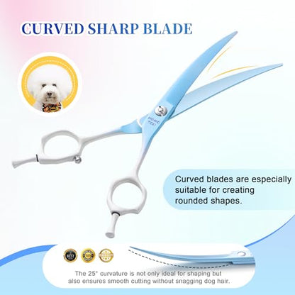 7'' Curved Dog Grooming Scissors Blue to White Gradient | 440C Stainless Steel, Sharp Durable, Professional or Home Use, Ergonomic Handle with 2 Silicone Finger Rings - color: Blue