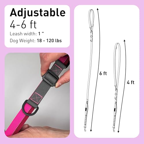 Cross Body Dog Leash - Waist or Shoulder Leash for Walking and Hiking with Medium and Large Dogs, Adjustable 4 to 6 FT Outdoor Bungee Lead with Traffic Handle by Nuvuq (18-120 lbs, Pink) - color: Raspberry Pink