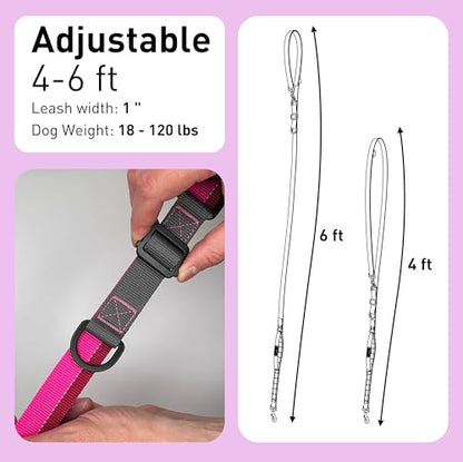 Cross Body Dog Leash - Waist or Shoulder Leash for Walking and Hiking with Medium and Large Dogs, Adjustable 4 to 6 FT Outdoor Bungee Lead with Traffic Handle by Nuvuq (18-120 lbs, Pink) - color: Raspberry Pink
