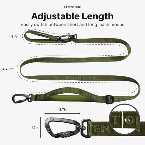 Heavy-Duty Tactical Dog Leash for Medium & Large Dogs, 6-in-1 Hands-Free Lead for Training, 4-7.5FT Adjustable Waist Belt for Walking (Moss Green) - color: Moss Green