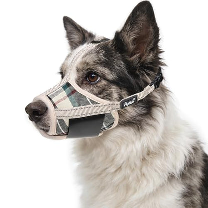 PUPTECK Dog Muzzle, Soft Adjustable Loop Reflective Pet Muzzle Prevent Biting Barking Chewing, Breathable Muzzle with Air Mesh Dog Mouth Guard Drinkable for Large Medium Small Sized, Beige Plaid L - color: Beige, size: L (Snout Cir: 7.09"-9.45")