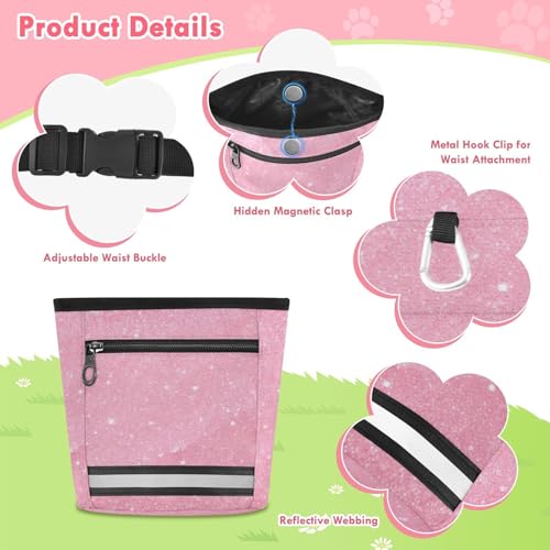 Dog Treat Pouch Magnetic Closure Reflective Webbing Training Bag with Adjustable Waist Belt Crossbody Strap Zippered Pocket, Pink Glitter Texture