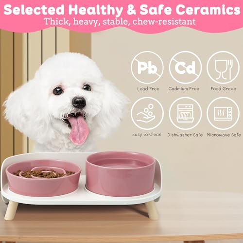 Elevated Slow Feeder Dog Bowls - Ceramic Food and Water Bowl Set with Stand - Raised Pet Dishes for Small and Medium Sized Dogs - color: Pink