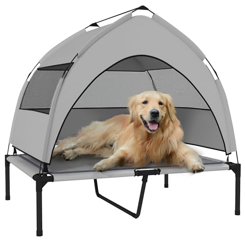PawHut Elevated Dog Bed with Cooling Pad, Raised Outdoor Pet Bed with Removable Canopy, Breathable Mesh, Storage Bag, Portable Pet Cot for Indoor Outdoor Large Dogs, 36" x 29.5" x 35", Light Gray
