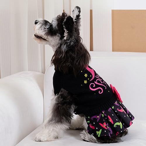 CuteBone Halloween Dog Sweater Dress Spooky Embroidery Turtleneck Puppy Sweater with Bowtie Leash Hole Pullover Winter Dress for Small Dogs - color: Halloween 3, size: Small